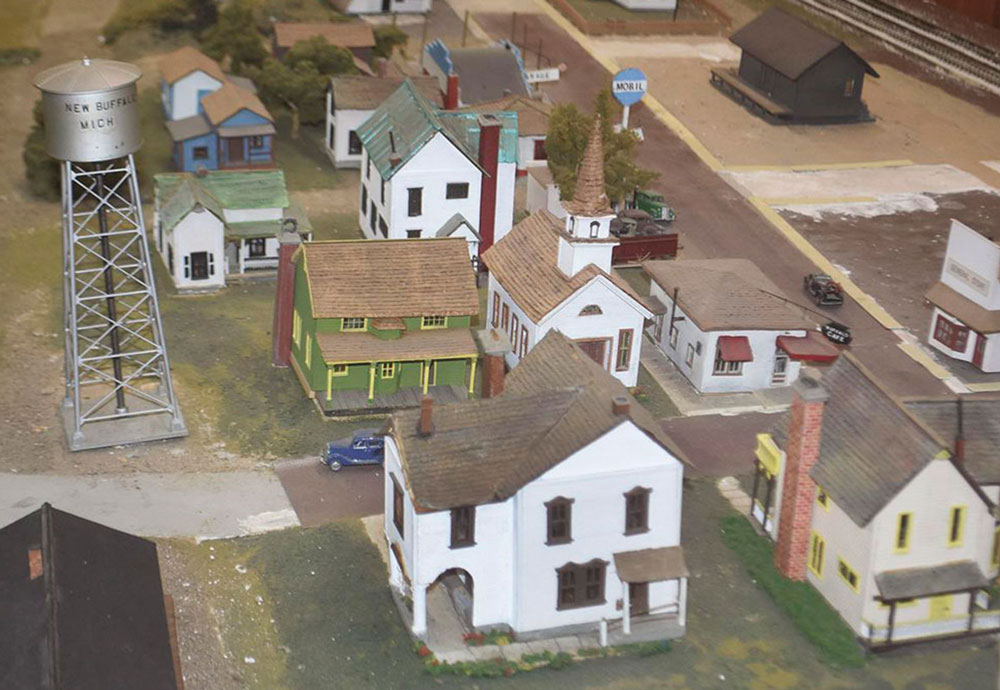 close up of new buffalo's train model, showing mini buildings
