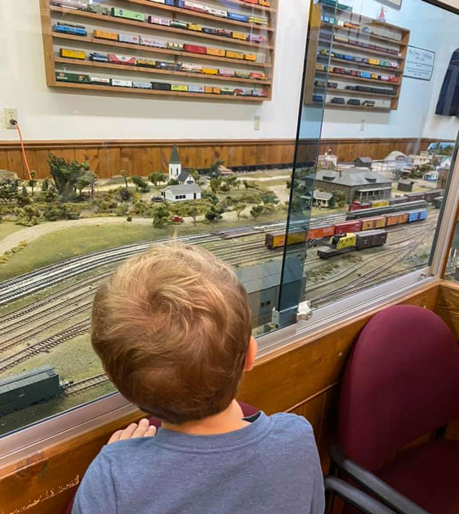 HO-scale model train with railroads and miniature houses