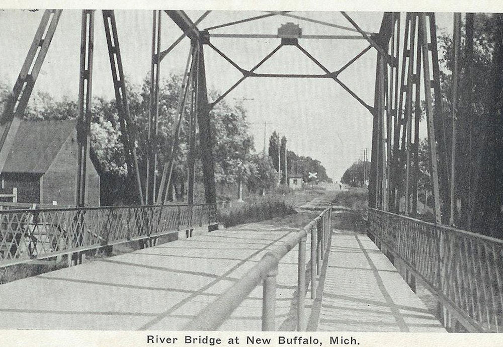 antique photo of a metal river bridge in New Buffalo Michigan